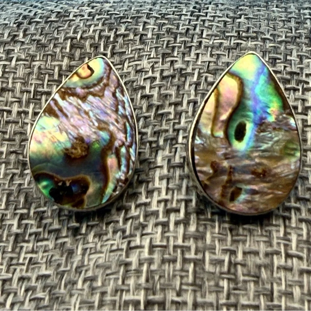 Estate Sterling Silver Abalone Shell Teardrop Earrings BEAUTIFUL Color